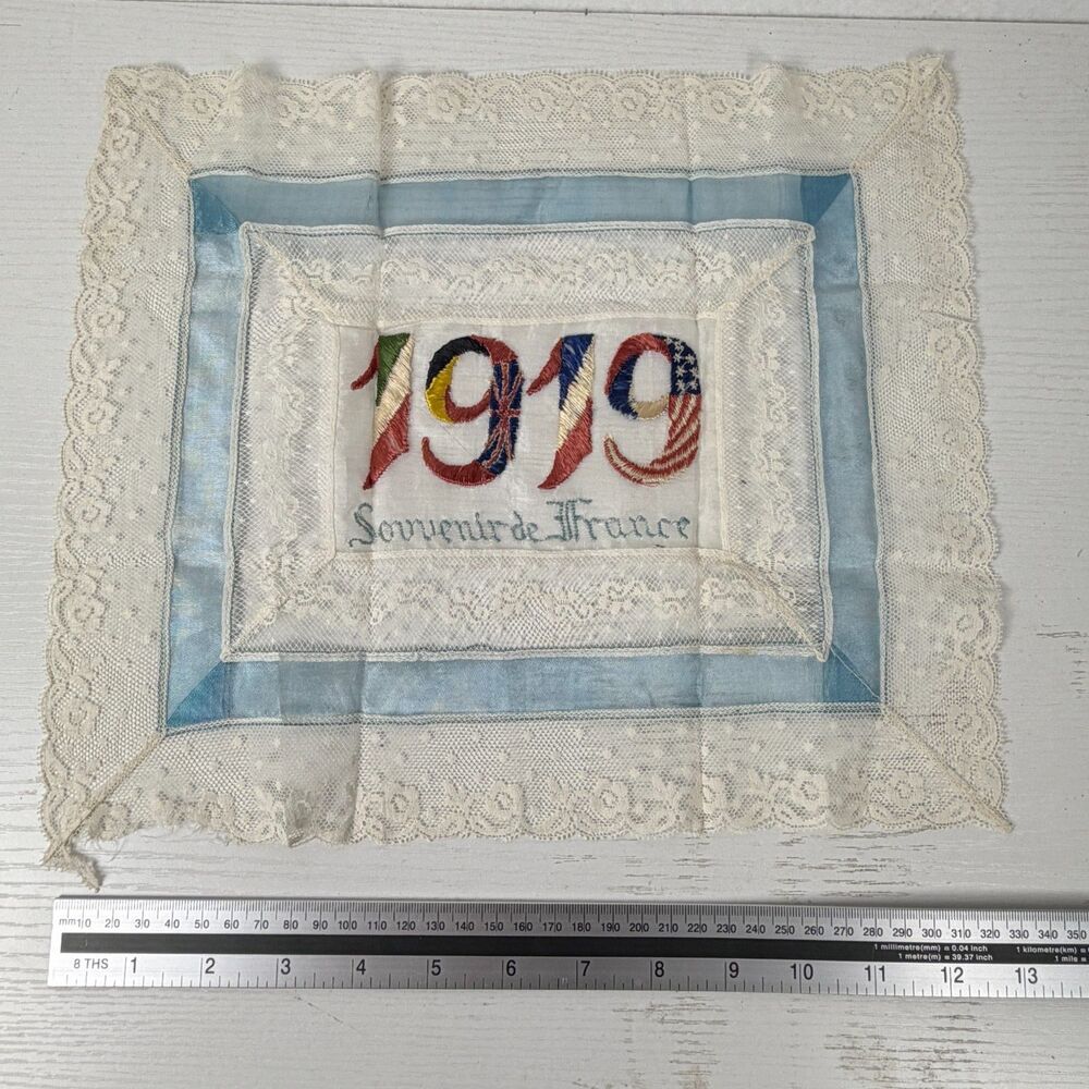 Antique 1919 WWI Souvenir de France Handkerchief Embroidered Allied Flags Lace